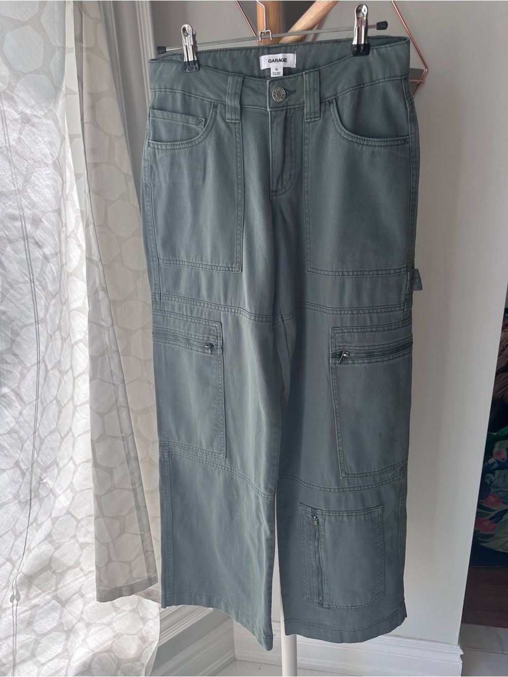 Garage Sage Teal Green Utility Cargo Carpenter Wide Leg Twill Cotton Pants Sz 00